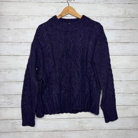 Everlane Merino Wool Blend Cloud Cable Knit Crew Sweater Ink Purple Size Medium - Picture 2 of 8